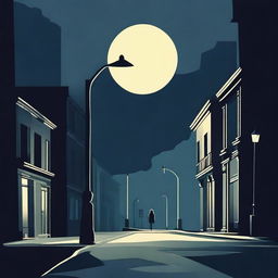 An abstract and funky illustration of a single street with a solitary lamp post in a dark, moody atmosphere, featuring surreal shapes and patterns