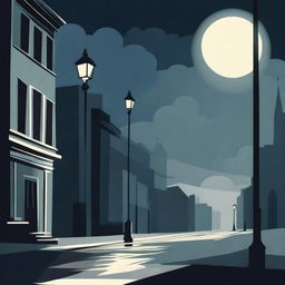 An abstract and funky illustration of a single street with a solitary lamp post in a dark, moody atmosphere, featuring surreal shapes and patterns