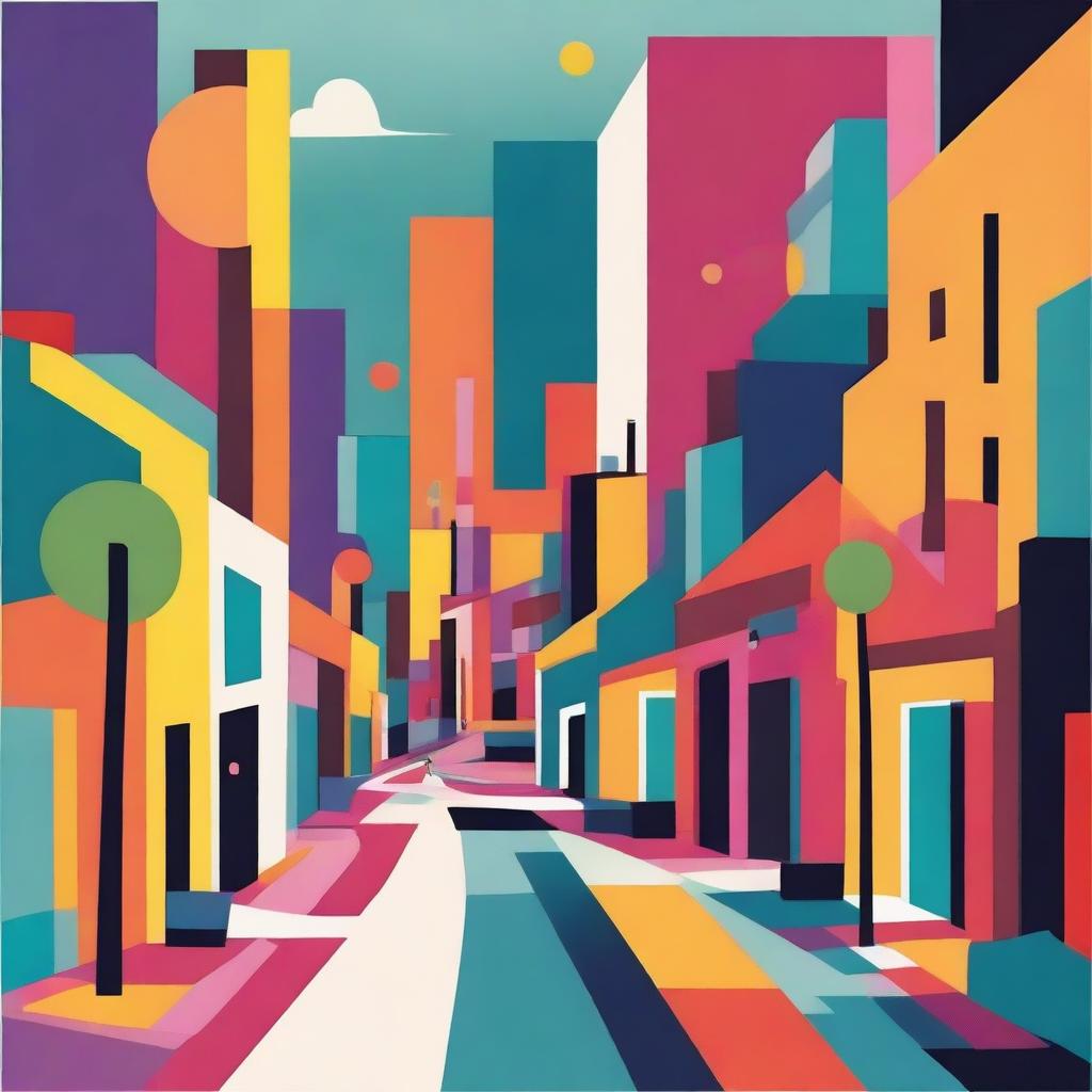 A vibrant, funky abstract illustration of a single street with bold shapes, bright colors, and playful, imaginative elements.