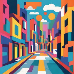 A vibrant, funky abstract illustration of a single street with bold shapes, bright colors, and playful, imaginative elements.