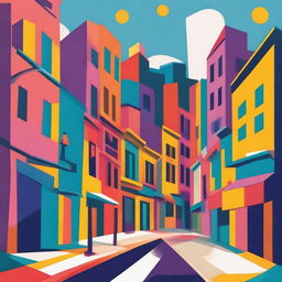 A vibrant, funky abstract illustration of a single street with bold shapes, bright colors, and playful, imaginative elements.