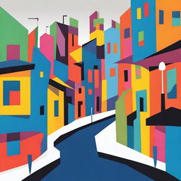 A vibrant, funky abstract illustration of a single street with bold shapes, bright colors, and playful, imaginative elements.