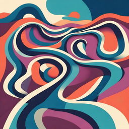 An abstract illustration of a winding single street with exaggerated curves and loops, set in a surreal landscape with vibrant and contrasting colors