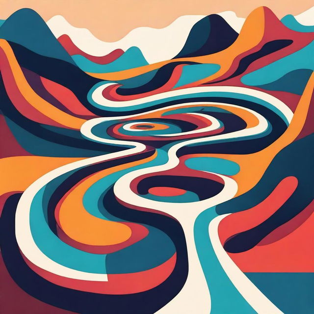 An abstract illustration of a winding single street with exaggerated curves and loops, set in a surreal landscape with vibrant and contrasting colors