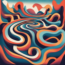 An abstract illustration of a winding single street with exaggerated curves and loops, set in a surreal landscape with vibrant and contrasting colors