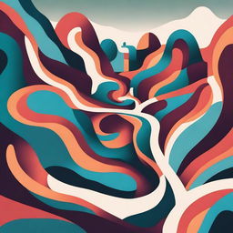 An abstract illustration of a winding single street with exaggerated curves and loops, set in a surreal landscape with vibrant and contrasting colors