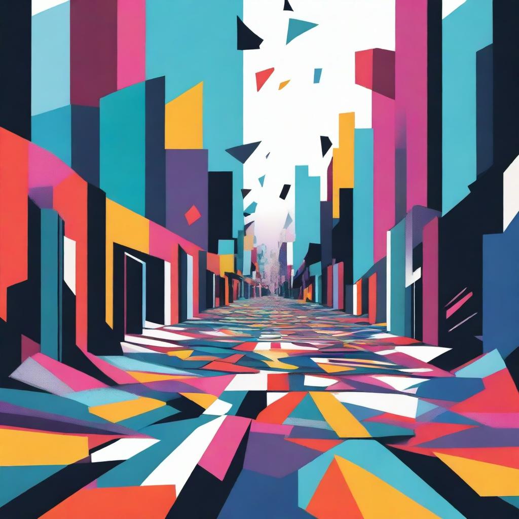 An abstract illustration of a broken street with fragmented pieces, set in a surreal landscape with bold and contrasting colors