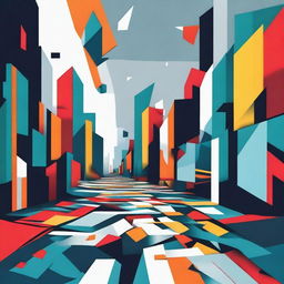 An abstract illustration of a broken street with fragmented pieces, set in a surreal landscape with bold and contrasting colors