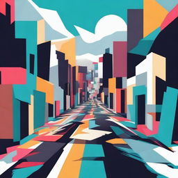 An abstract illustration of a broken street with fragmented pieces, set in a surreal landscape with bold and contrasting colors