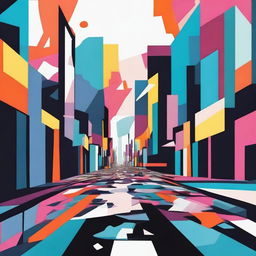 An abstract illustration of a broken street with fragmented pieces, set in a surreal landscape with bold and contrasting colors