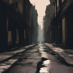 A dark and abstract depiction of a broken, cracked street