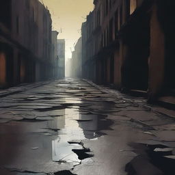 A dark and abstract depiction of a broken, cracked street