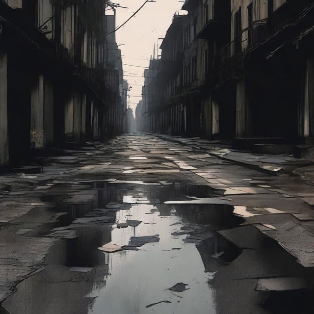 A dark and abstract depiction of a broken, cracked street