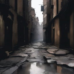 A dark and abstract depiction of a broken, cracked street