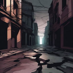 A dark abstract illustration of a broken and cracked street with deep fissures, set against a background of dark and muted colors, creating a sense of desolation and decay