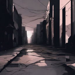 A dark abstract illustration of a broken and cracked street with deep fissures, set against a background of dark and muted colors, creating a sense of desolation and decay