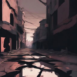 A dark abstract illustration of a broken and cracked street with deep fissures, set against a background of dark and muted colors, creating a sense of desolation and decay