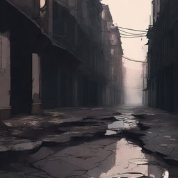 A dark abstract illustration of a broken and cracked street with deep fissures, set against a background of dark and muted colors, creating a sense of desolation and decay