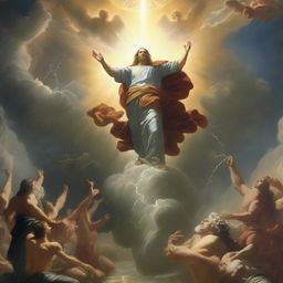 A majestic and powerful depiction of God punishing the wicked, with divine light and thunderbolts striking down upon evildoers