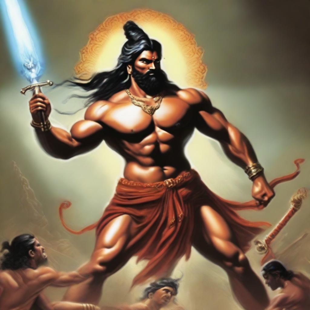 A powerful and dramatic depiction of Ashwatthama punishing the wicked, with intense expressions and dynamic action