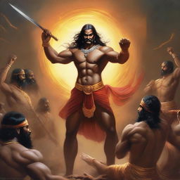 A powerful and dramatic depiction of Ashwatthama punishing the wicked, with intense expressions and dynamic action