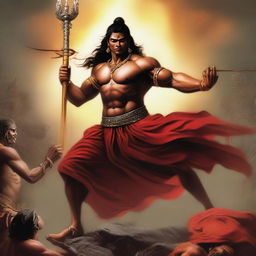 A powerful and dramatic depiction of Ashwatthama punishing the wicked, with intense expressions and dynamic action