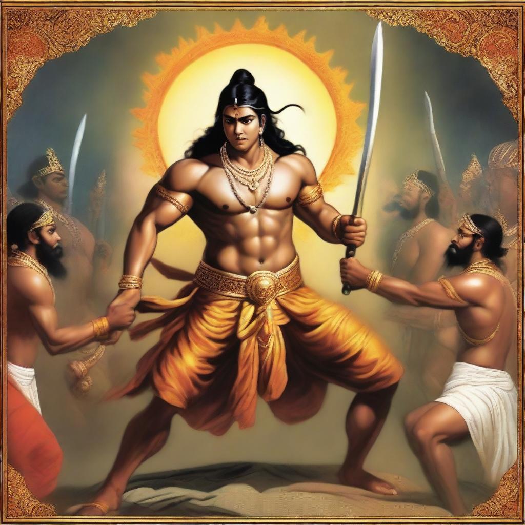 A powerful and dramatic depiction of Ashwatthama punishing the wicked, fully clothed in traditional warrior attire