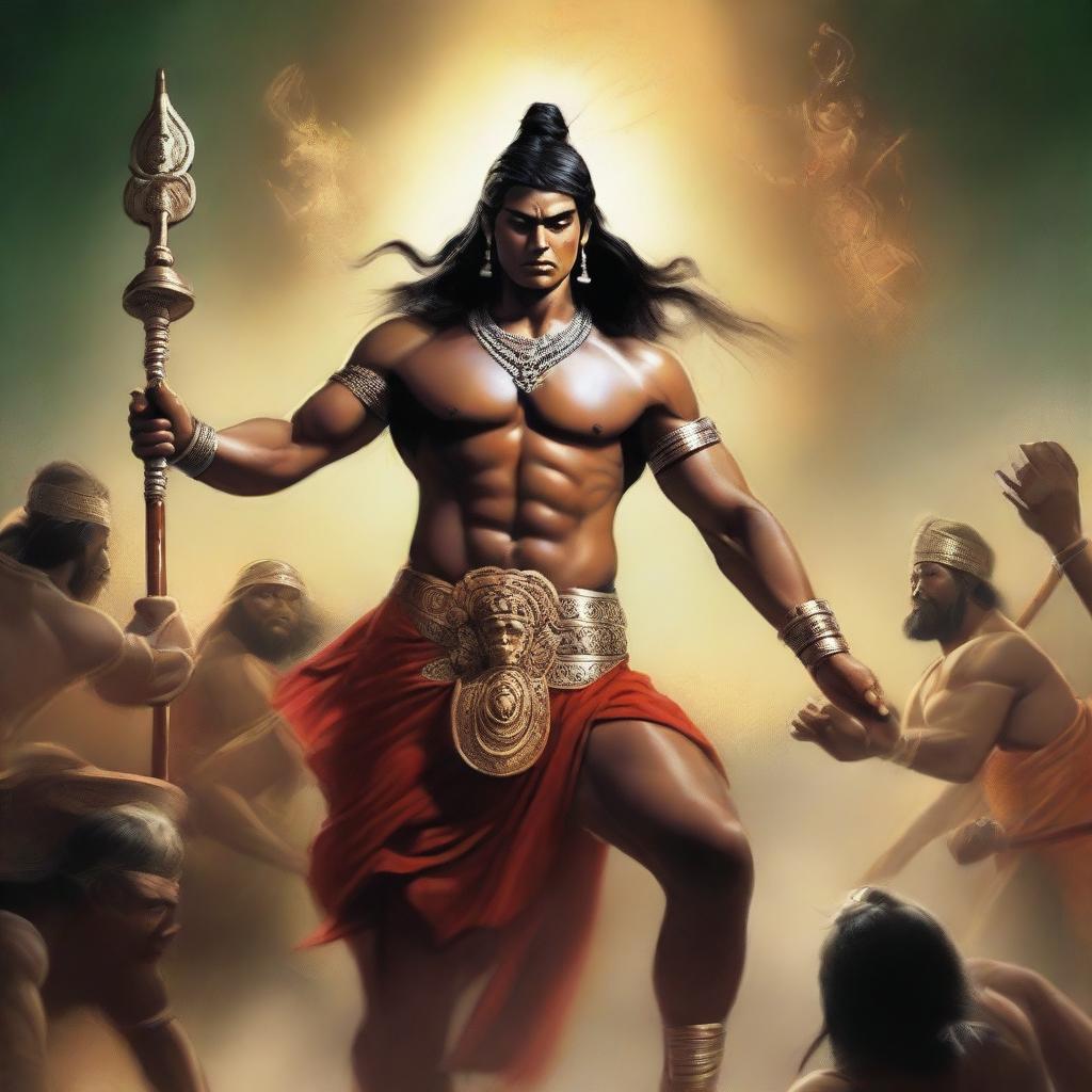 A powerful and dramatic depiction of Ashwatthama punishing the wicked, fully clothed in traditional warrior attire