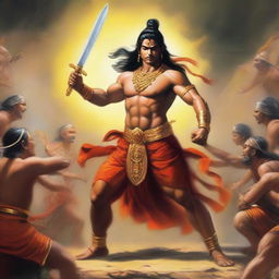 A powerful and dramatic depiction of Ashwatthama punishing the wicked, fully clothed in traditional warrior attire