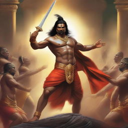 A powerful and dramatic depiction of Ashwatthama punishing the wicked, fully clothed in traditional warrior attire