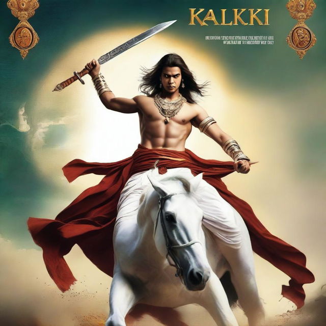 Design an epic movie poster for a film titled 'Kalki', featuring the Hindu god Kalki in a powerful and heroic pose