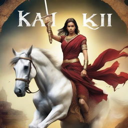 Design an epic movie poster for a film titled 'Kalki', featuring the Hindu god Kalki in a powerful and heroic pose