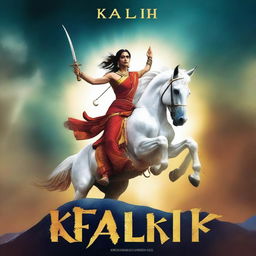 Design an epic movie poster for a film titled 'Kalki', featuring the Hindu god Kalki in a powerful and heroic pose