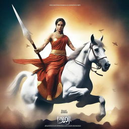 Design an epic movie poster for a film titled 'Kalki', featuring the Hindu god Kalki in a powerful and heroic pose