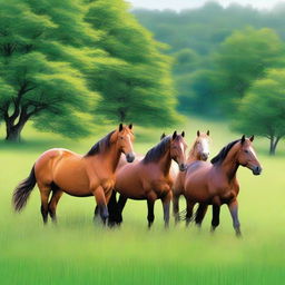 Create a serene and picturesque scene featuring seven horses grazing in a lush green land