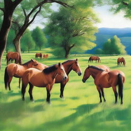 Create a serene and picturesque scene featuring seven horses grazing in a lush green land