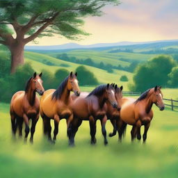 Create a serene and picturesque scene featuring seven horses grazing in a lush green land