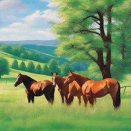 Create a serene and picturesque scene featuring seven horses grazing in a lush green land