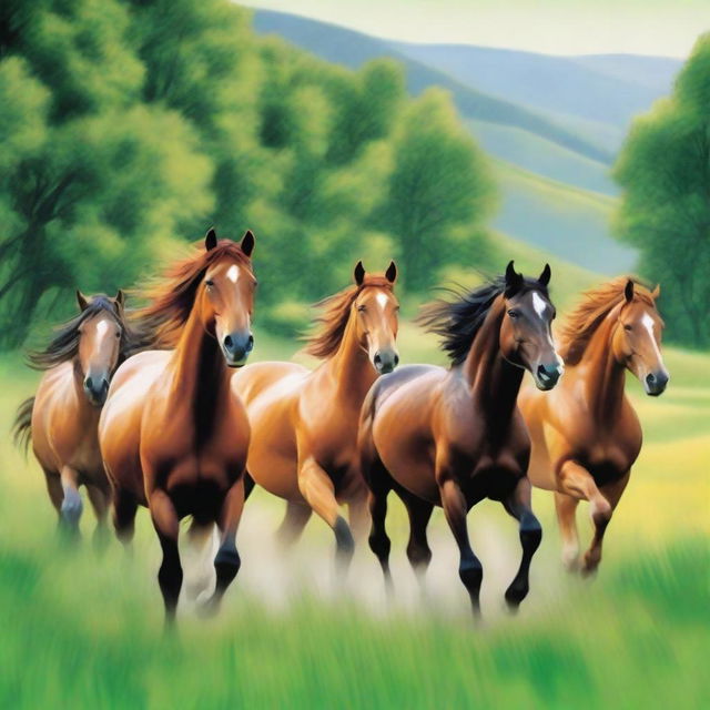 Create a dynamic and vibrant scene featuring seven horses running across a lush green land