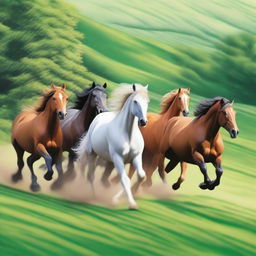 Create a dynamic and vibrant scene featuring seven horses running across a lush green land