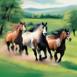 Create a dynamic and vibrant scene featuring seven horses running across a lush green land