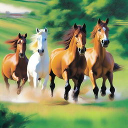 Create a dynamic and vibrant scene featuring seven horses running across a lush green land