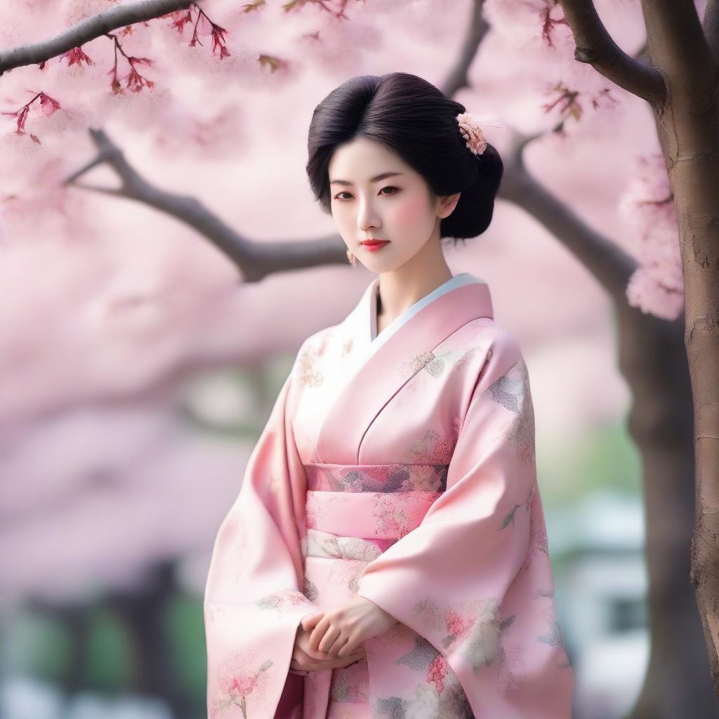 A beautiful Japanese noblewoman dressed in an elegant kimono, standing gracefully under a canopy of cherry blossoms in full bloom