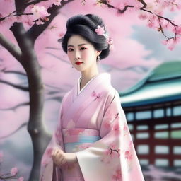 A beautiful Japanese noblewoman dressed in an elegant kimono, standing gracefully under a canopy of cherry blossoms in full bloom