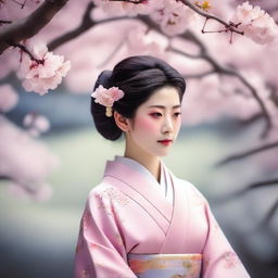 A beautiful Japanese noblewoman dressed in an elegant kimono, standing gracefully under a canopy of cherry blossoms in full bloom