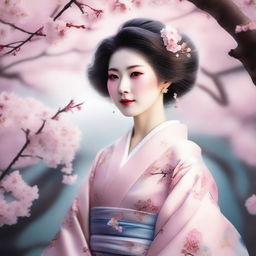 A beautiful Japanese noblewoman dressed in an elegant kimono, standing gracefully under a canopy of cherry blossoms in full bloom