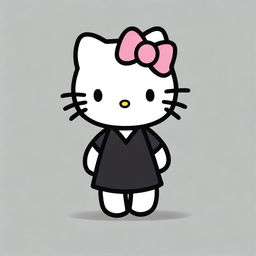 Hello Kitty wearing a black shirt, standing against a simple background. The image should be cute and suitable for all ages.