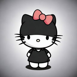 Hello Kitty wearing a black shirt, standing against a simple background. The image should be cute and suitable for all ages.