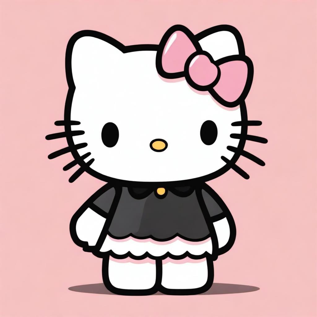 Hello Kitty wearing a black shirt, standing against a simple background. The image should be cute and suitable for all ages.