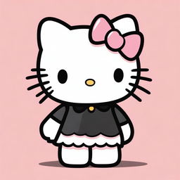 Hello Kitty wearing a black shirt, standing against a simple background. The image should be cute and suitable for all ages.